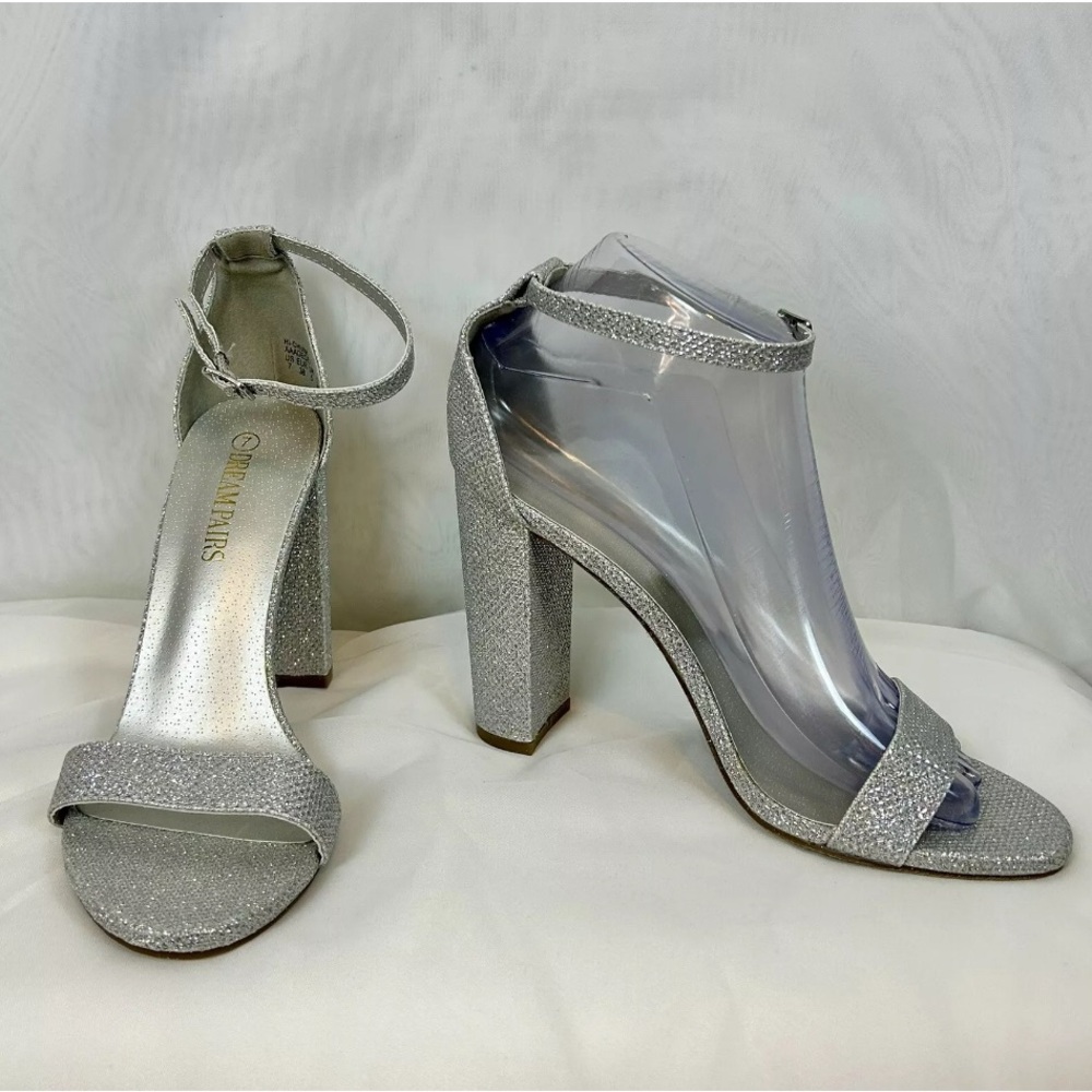 New Womens Silver Sparkle Chunky High Heel Open Toe Shoes / size 7